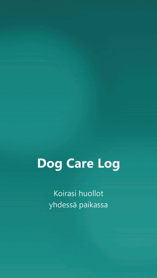 Dog Care Log -sovelluksen mobiilinäkymä ja koiran kehonhuollon kirjaus